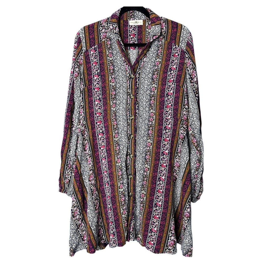 Natural Life Womens Ansley Shirt Dress Sz L Boho Tunic Floral Patchwork Flowy
